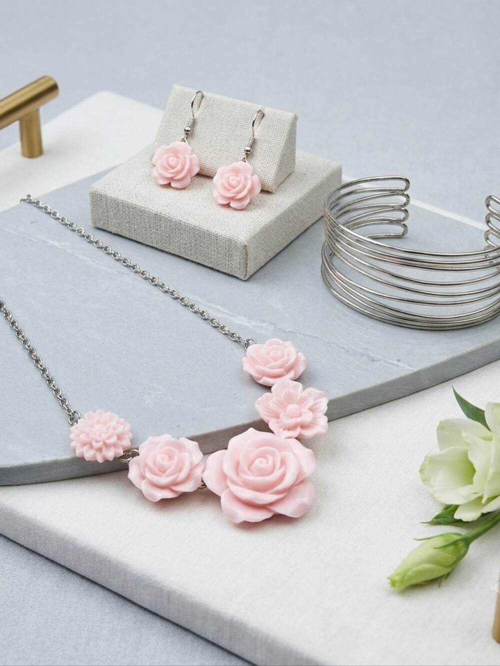 Delicate Pink Rose Resin Necklace And Earrings With Silver Cuff Bracelet